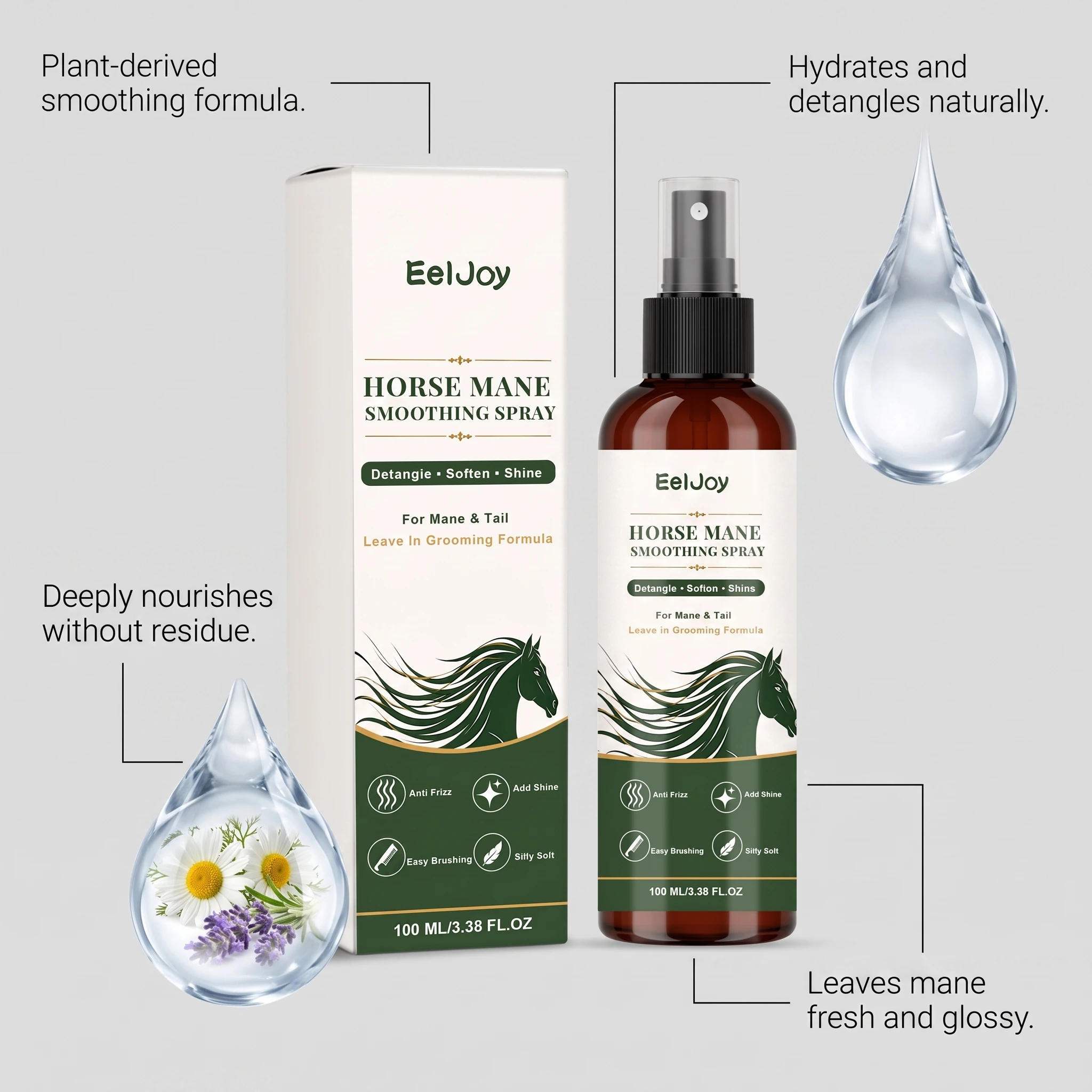 EelJoy Horse Mane Smoothing Spray 100ml Leave-in Horse Grooming Spray Detangle Anti Frizz Add Shine Soften Horse Mane Tail Care