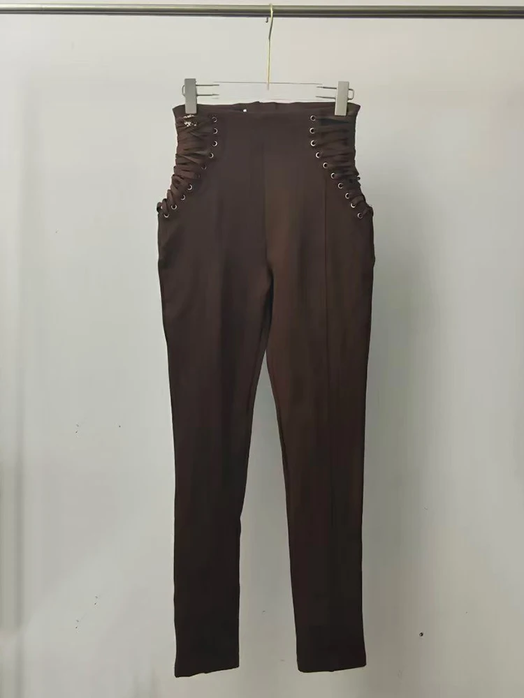 Side eyelet ties, high waist, petite pants, 2026 autumn women's clothing, fashionable, versatile, hip-covering, nine-point pants
