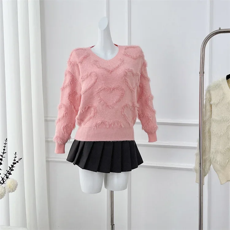 

MiiiiX Sweet Imitation Mink Fur Spliced Knitted Sweater Women Pullover 2024 Autumn V-neck Loose Short Knitted Top Female Clothes
