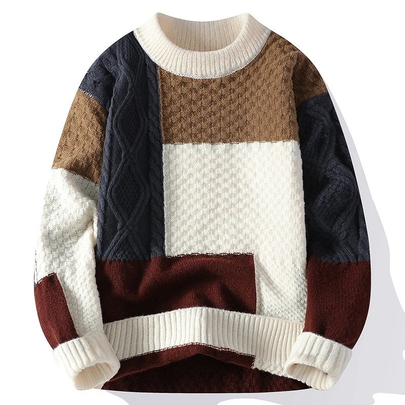 New Trendy Loose Young Boys Sweater 2025 Winter Fashion Patchwork Jumper Long Sleeve Warm Clothes Youth Students Knitwear