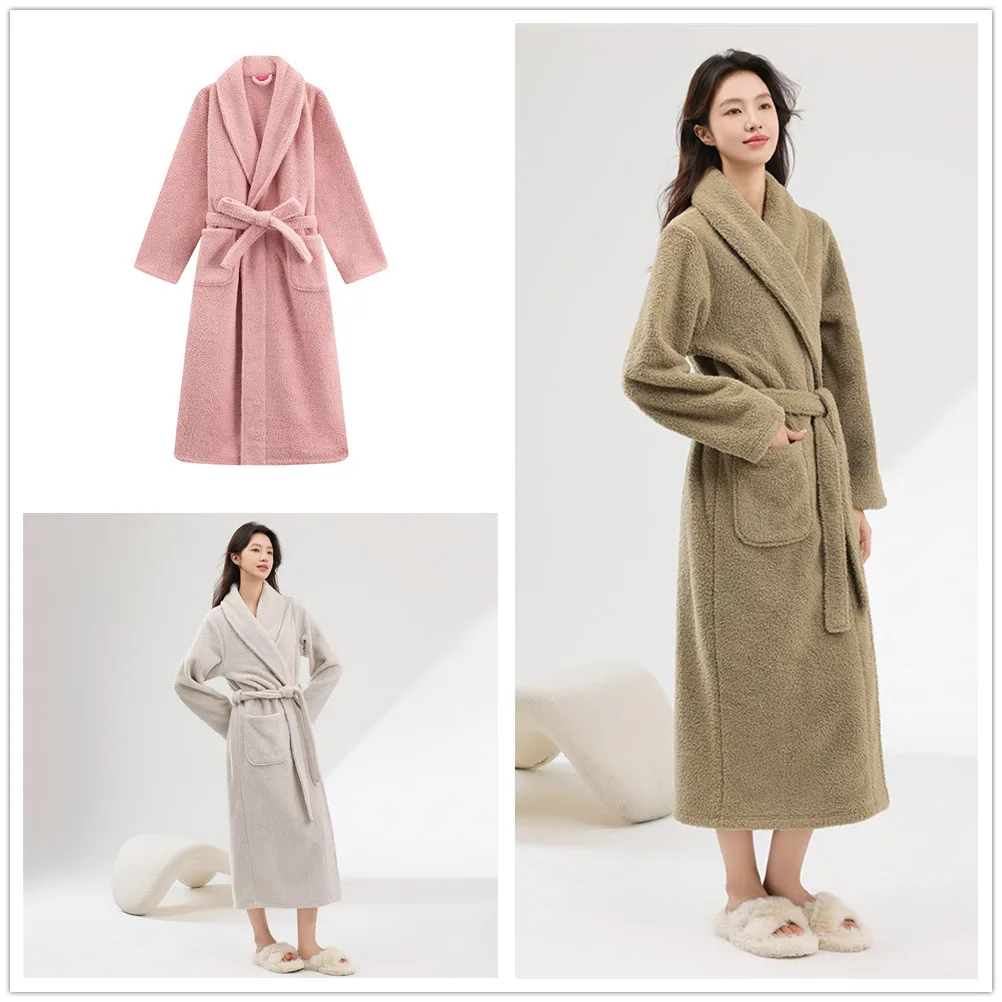 Winter Thicken Sleepwear Solid Color Robe Pants Soft Flannel Bathrobe Home Clothes Loose Coral Fleece Loungewear