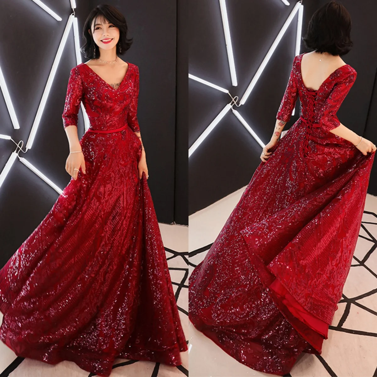 

Evening Dress Wine Red Bling Sequins V-neck Half Sleeves Lace up A-line Pleat Floor Length Plus size Women Party Formal Gown