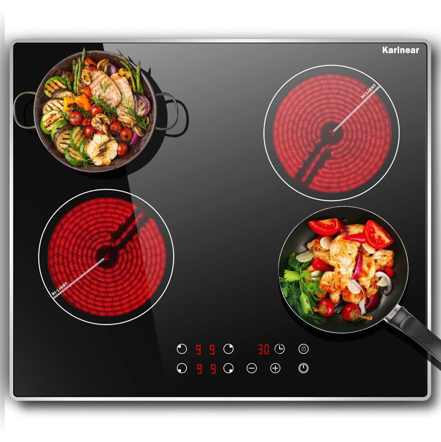 Ceramic Hob, Karinear 60cm Built-in 4 Zones Electric Hob with Touch Control 6000W, Hard Wired, No Plug Included