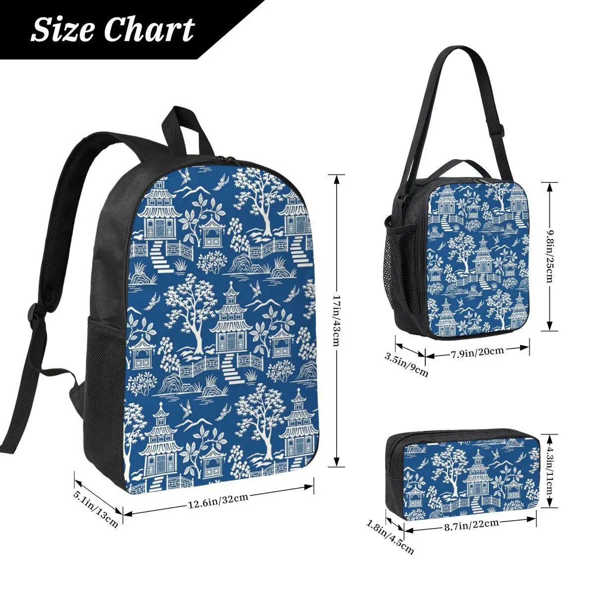 Chinoiserie Pagoda Dark Blue Backpack Boys Girls BookBag School Bag Laptop Shoulder Bags 3ps Insulated Lunch Bag Pencil Case