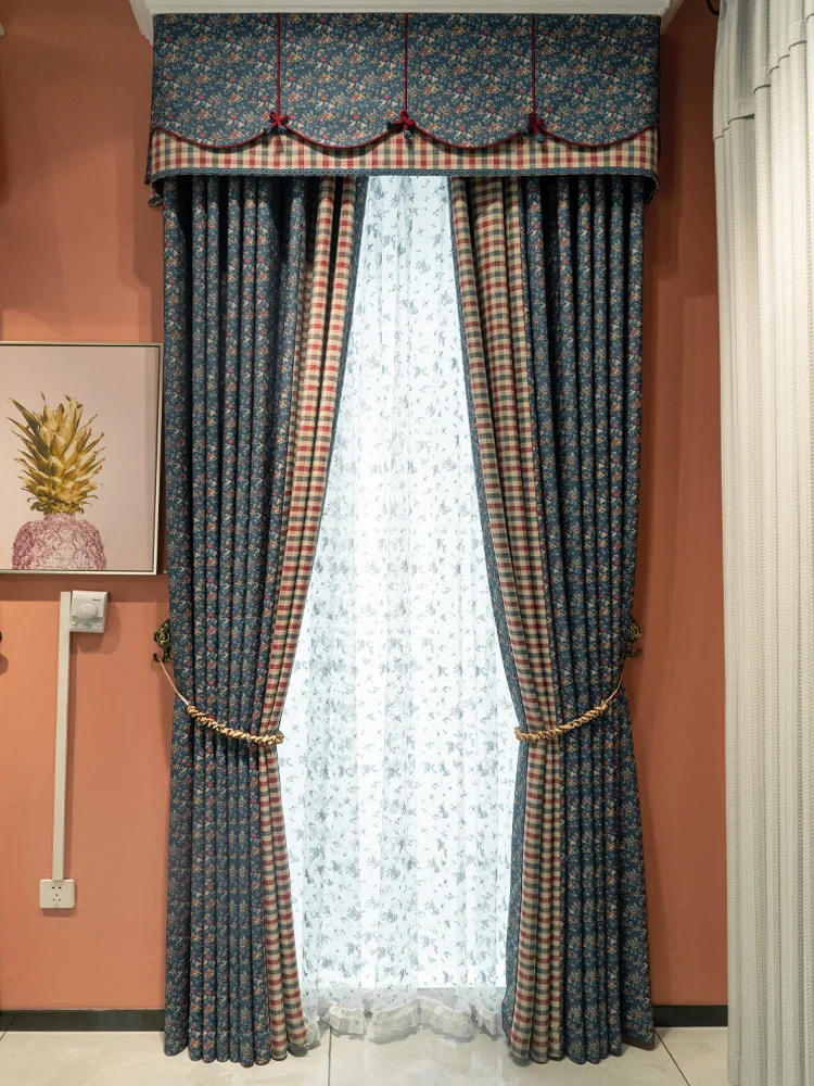 Custom Pastoral modern American cotton linen printing bay window blue cloth blackout curtain tulle valance drape C1828