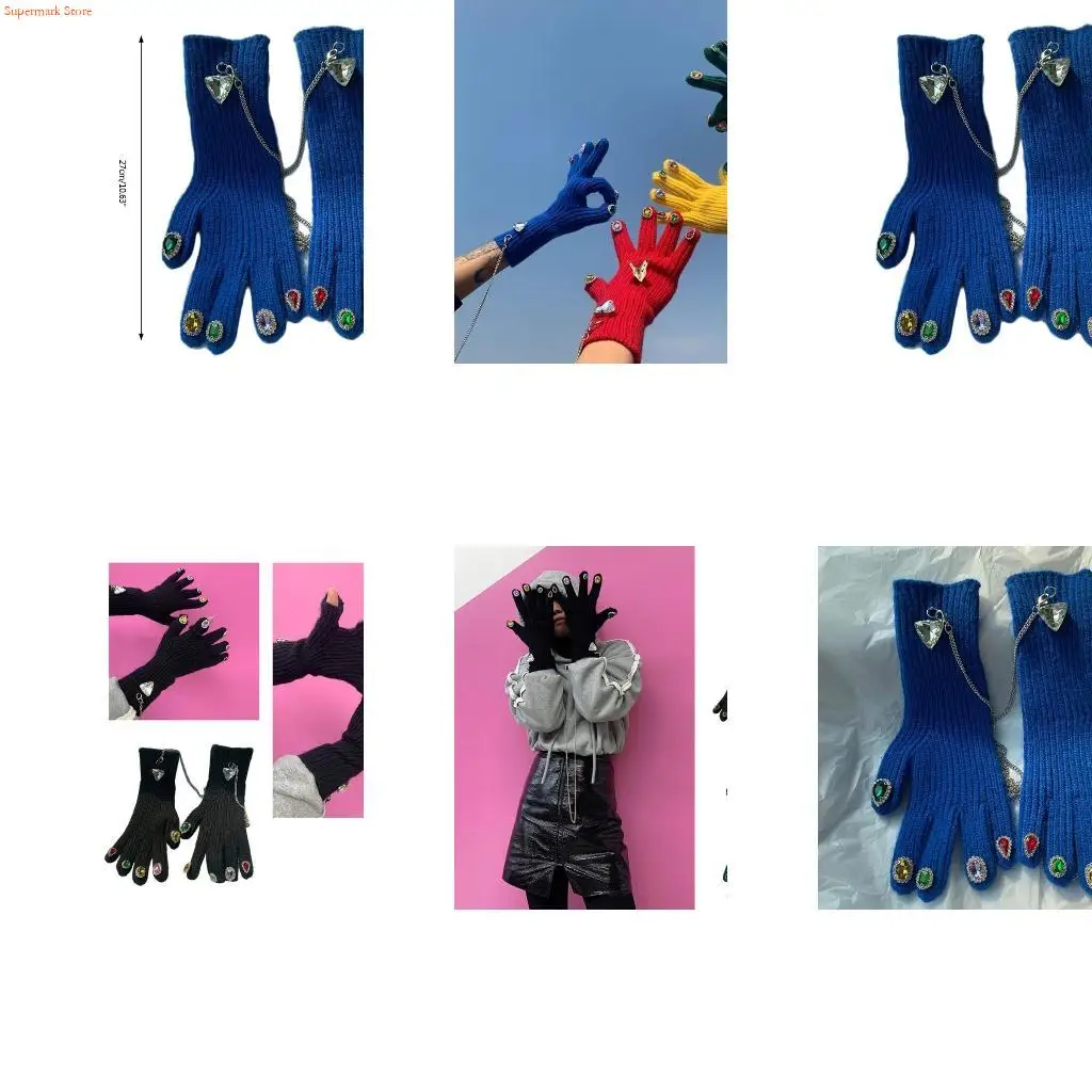 Q5WE Fashion Knitted Thick Gloves for Women Rhinestones Decor Full Finger Glo