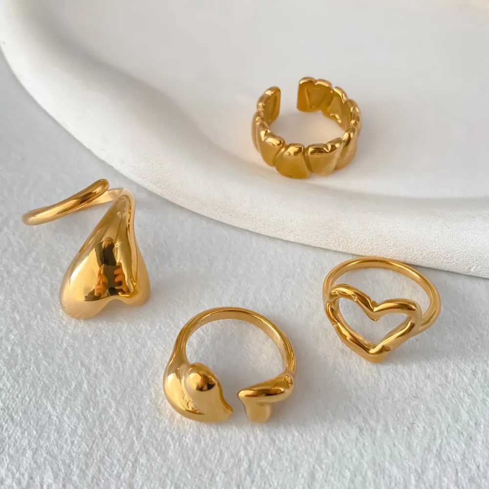 Hiraeva Vergoldete Edelstahl-Herzringe Set für Damen, Klobige Offene Verstellbare Minimalistische Modeschmuck – Detail 12