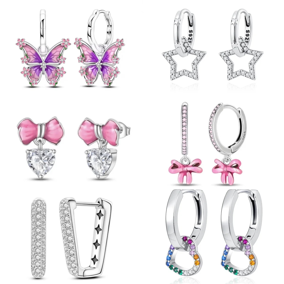 Elegant Delicate 925Silver Butterfly Bow Star Hoop Earrings Shiny Colorful Zircon Dangle Jewelry Gift for Her Birthday Valentine
