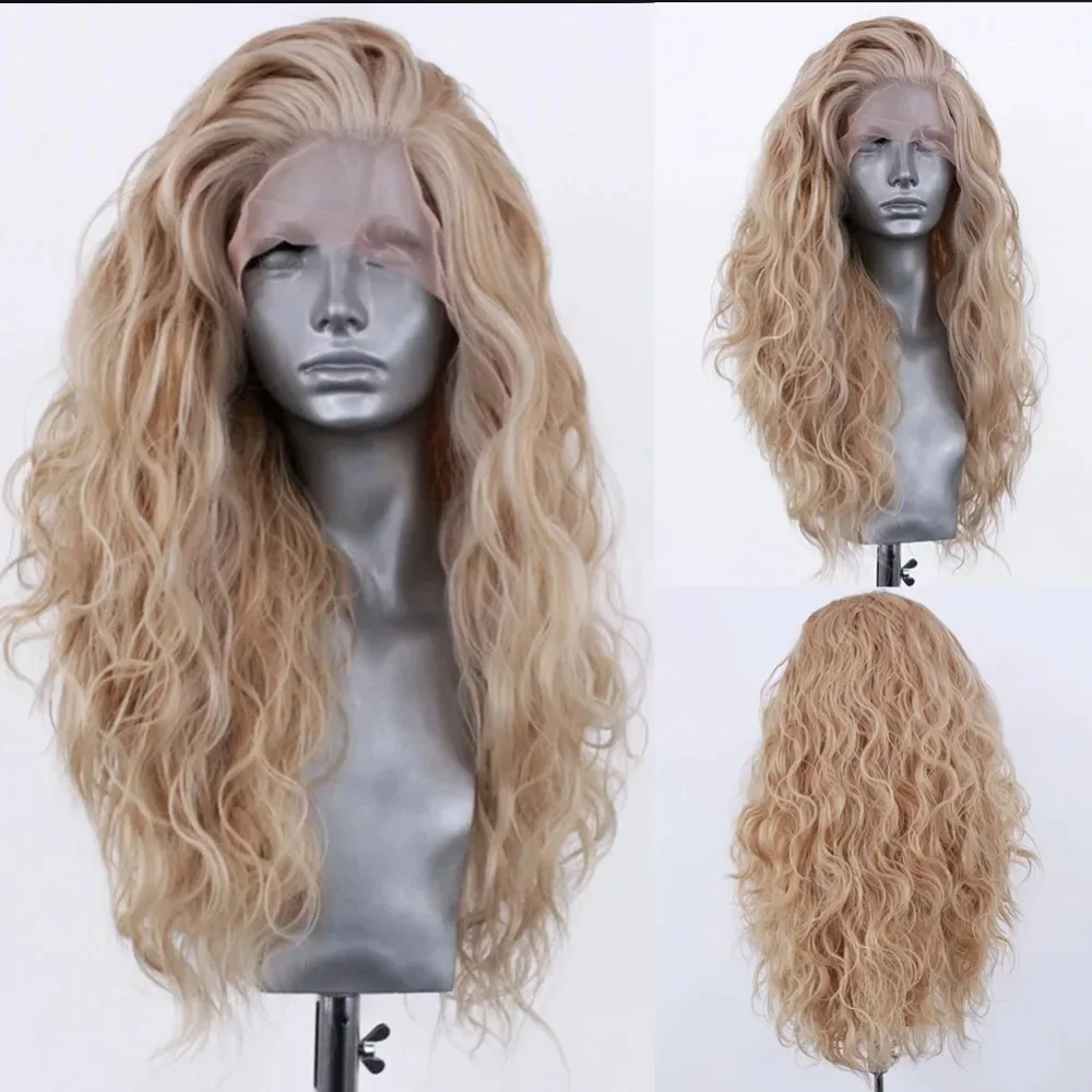 Wig renda depan sintetis pirang bergelombang panjang untuk wanita Wig renda gaya Mode bagian bebas Wig serat tahan panas Cosplay