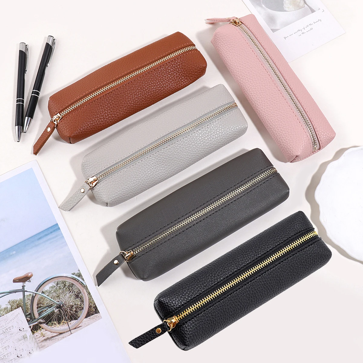 Simple Leather Pencil Case Lychee Texture Zipper Storage Bag Multiple Colors Practical Gift For Adult Office School Stationery