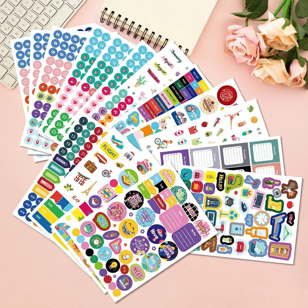 16 Sheets/1200Pcs Planner Sticker DIY Scrapbooking Diary Calendar Handbook Decorative Stickers Stationery