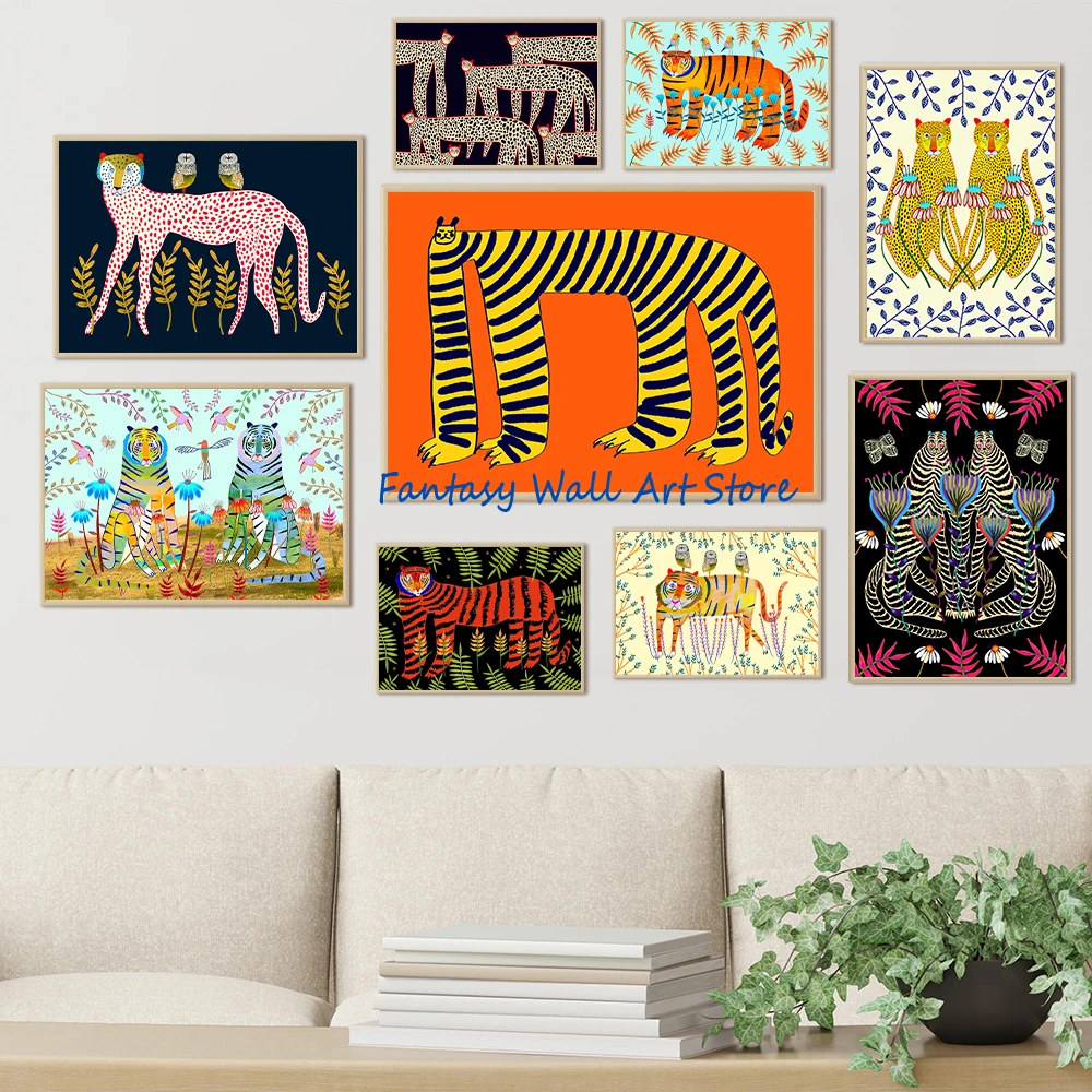 Leopard Tiger Cheetah Whimsical Illustration Colorful Abstract Animals Art Poster Canvas Painting Wall Pictures Home Room Decor