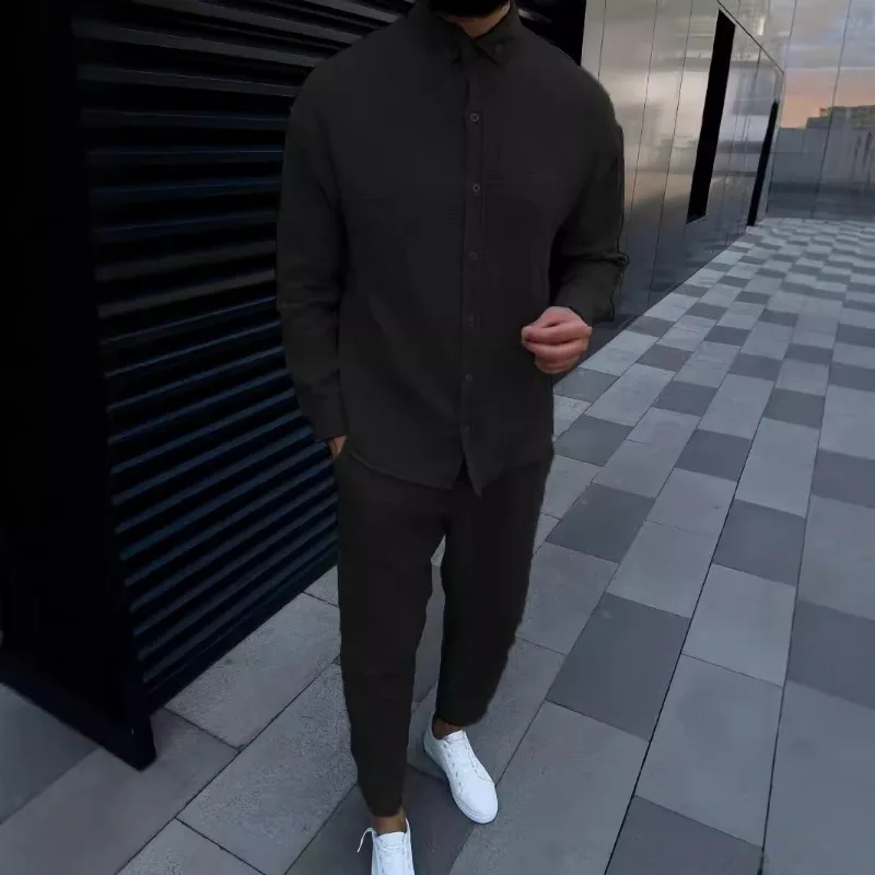 Spring and autumn men's lapel comfortable casual shirt set fashion long sleeve cargo pants solid color two-piec