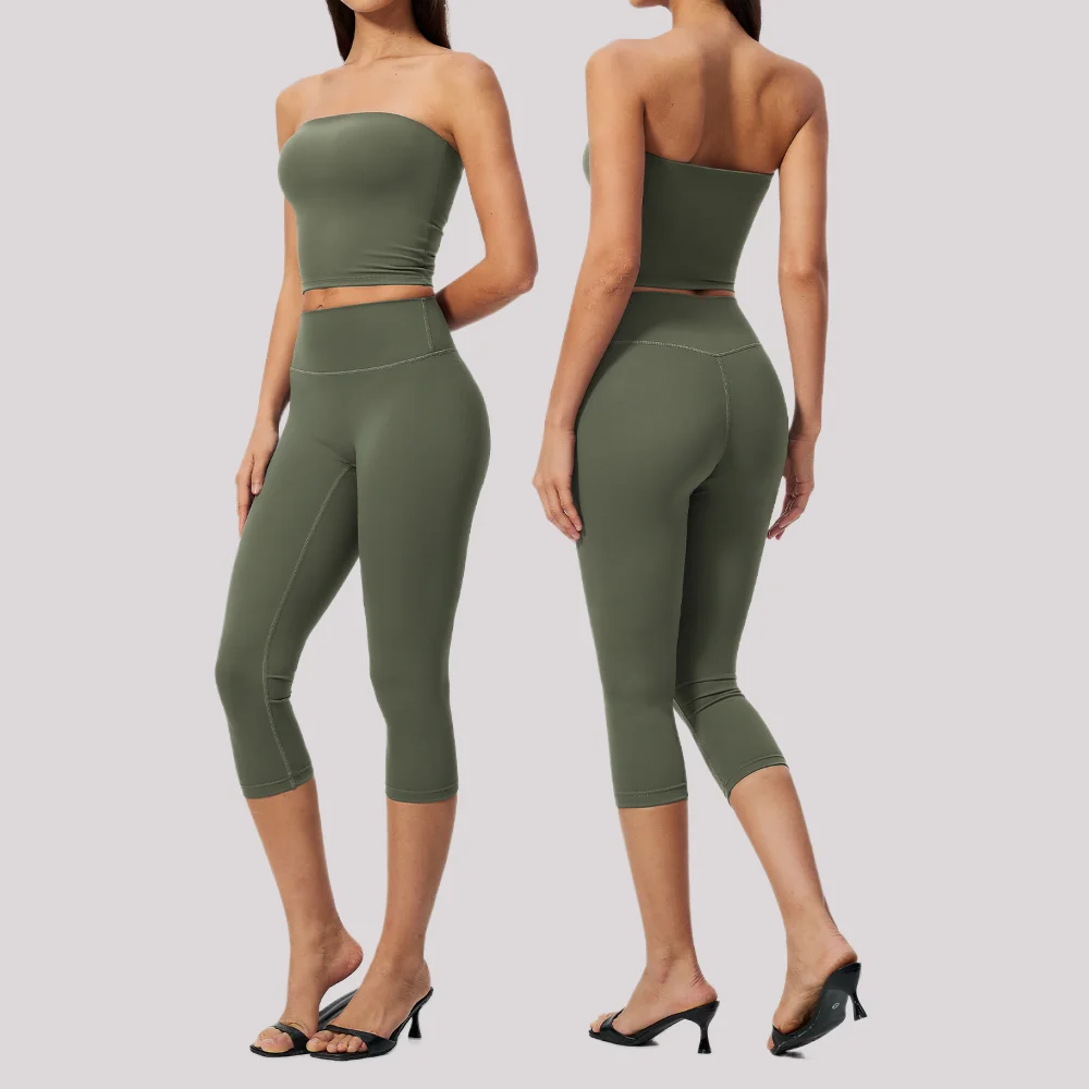 2PCS Women Fitness Suit Running Workout Gym Tracksuit Clothing Outfits Bandeau Crop Top High Waist Capri Leggings Sportswear Set