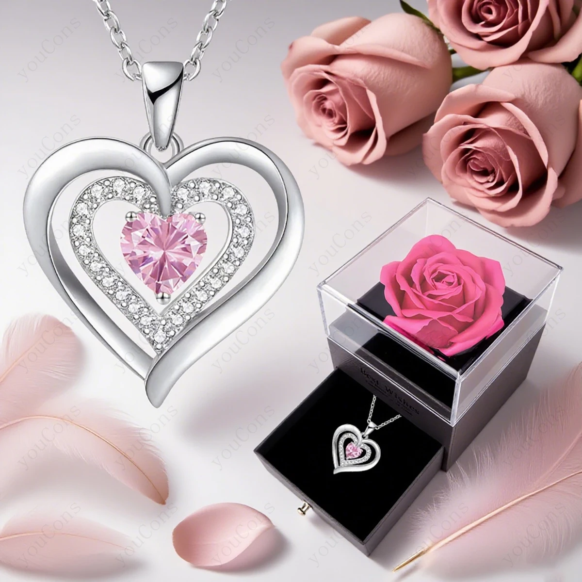 الزركون القلب قلادة قلادة مع صندوق القوس الورد 2025 مجموعة مجوهرات جديدة لصديقة الأم عيد الميلاد الذكرى هدية عيد الحب