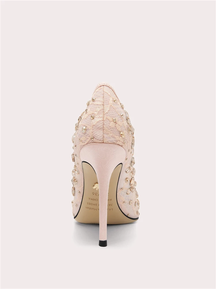 Spring new pointed toe rhinestone lace waterproof flat shoes banquet large size small size high heel wide version women's shoes