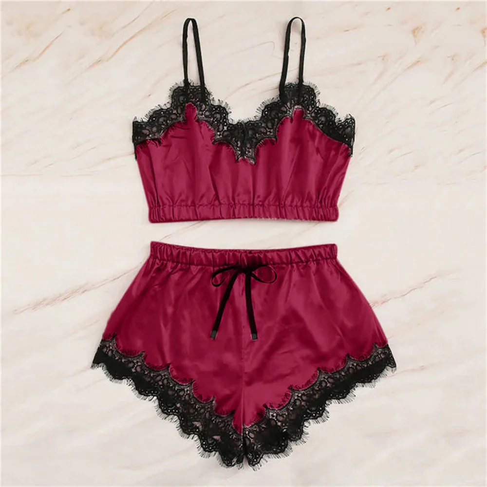 Women Pajama Suit Fashion V-Neck Lace Stretch Satin Babydoll Lace Sexy Lingerie Bowknot Pyjamas Sleep Shorts Set Sleepwear New