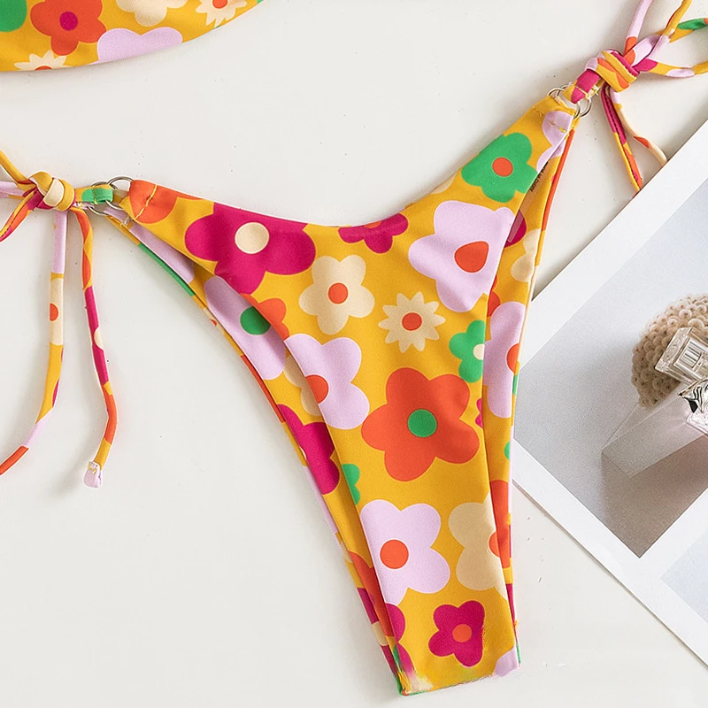 Sexy Swimsuit Floral Print Swimwear String Triangle Bikini Sets Bandage Beachwear Low Waist Thong Two Piece Summer Bathing Suits