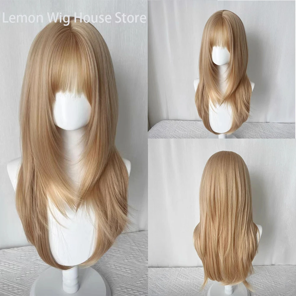 Picture 3: Flax Gold Synthetic Wig with Bangs Long Straight Hair High-Layered Lolita Wigs for Women's Daily Cosplay Wig Heat Resistant