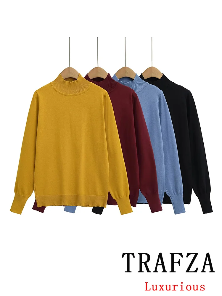 TRAFZA Vintage Casual Chicผู้หญิงเสื้อกันหนาวคอยาวแขนยาวถักตรงเสื้อกันหนาวแฟชั่น 2024 ฤดูใบไม้ร่วงฤดูหนาวเสื้อกันหนาว