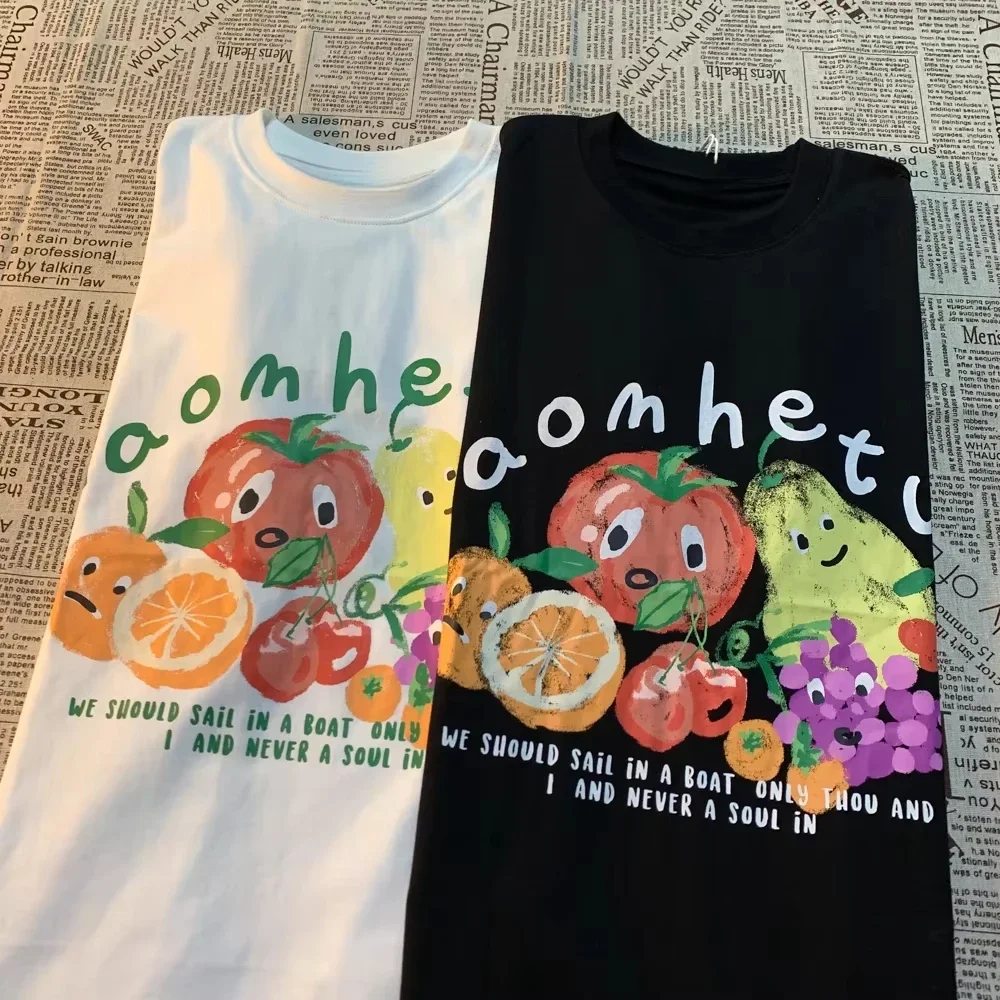 2025 الأمريكية خمر الفاكهة طباعة طاقم الرقبة قصيرة الأكمام حجم كبير تي شيرت المرأة الرجال أنيق فضفاض زوجين قصيرة الأكمام المحملة