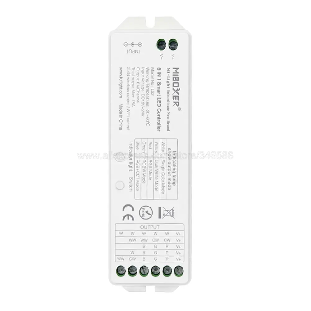 DC12V 24V 15A MiBoxer LS2 5 in 1 Smart LED Controller for Single Color, CCT, RGB, RGBW, RGB+CCT LED Strip 2.4G Wireless Remote