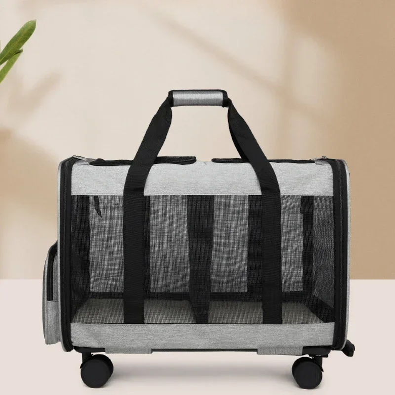 Eu Free Travel Rolling Dog Portable Cat Bag With Detachable Wheels Mesh Window Double Compartment Trolley Bag