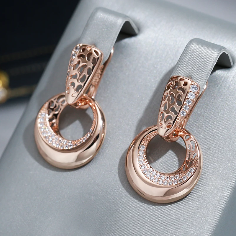 Wbmqda Luxury Circle Hollow Drop Earrings For Women 585 Rose Gold Color With White Natural Zircon Fine Daily Party Jewelry