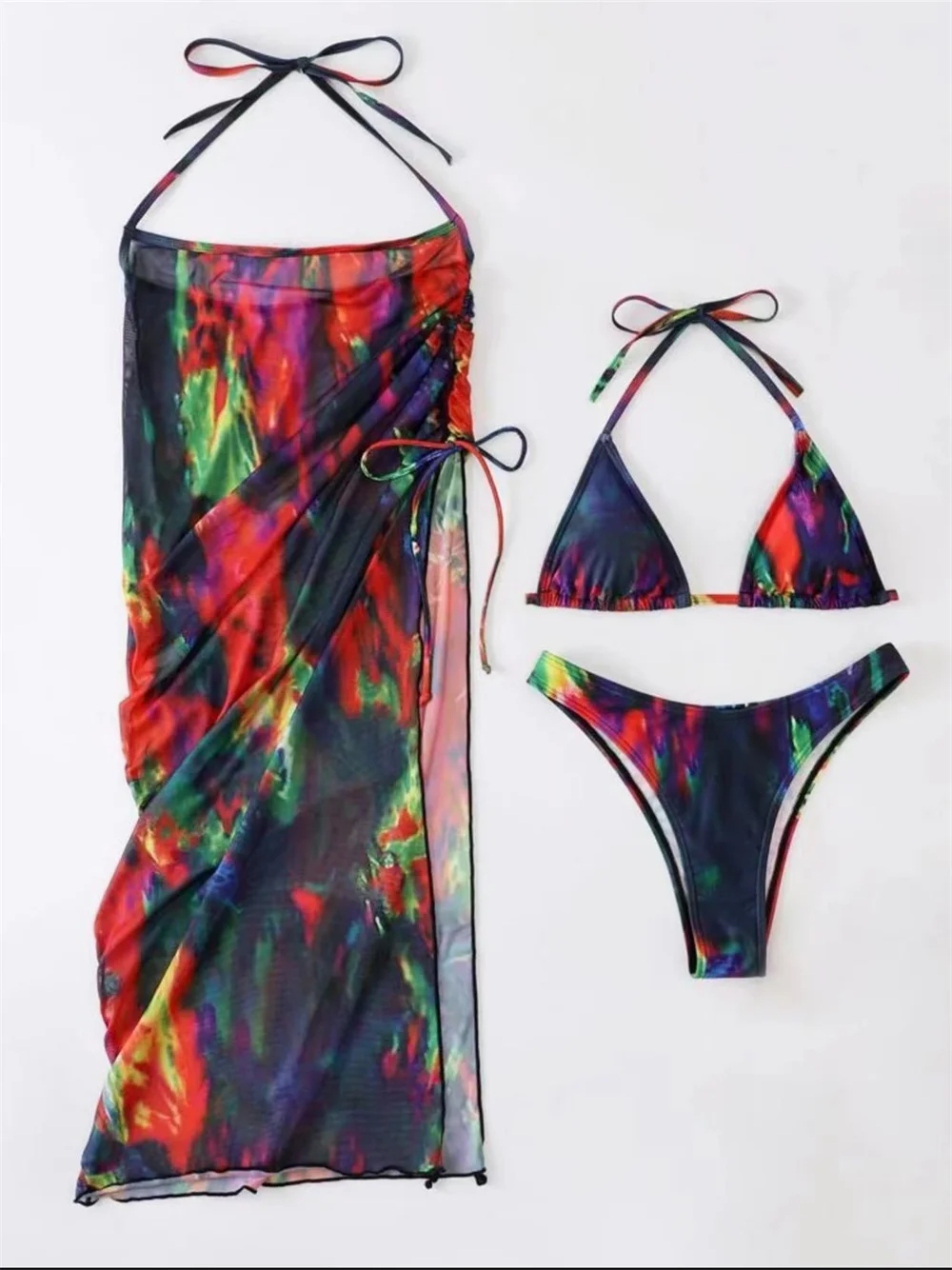 Biquíni Gradiente Multicolor das mulheres, Halter String, Backless Cover-Up Micro Biquínis, Maiô Extremo, Swimwear, Fato De Banho De Praia, 3 pcs