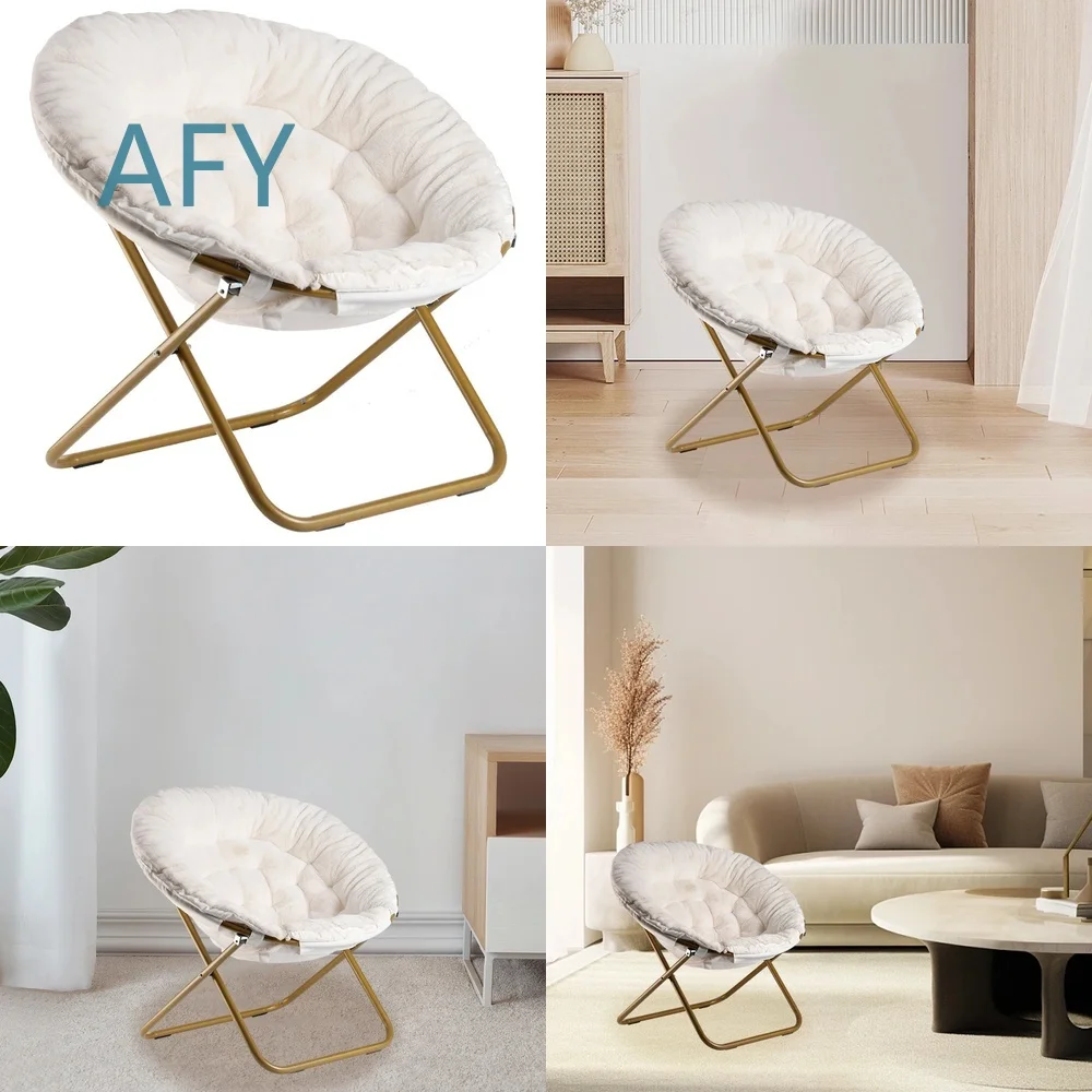 Fashionable Portable Foldable Metal Moon Chair with Plush Cushion for Home Outdoor Camping Fishing Travel Relaxation