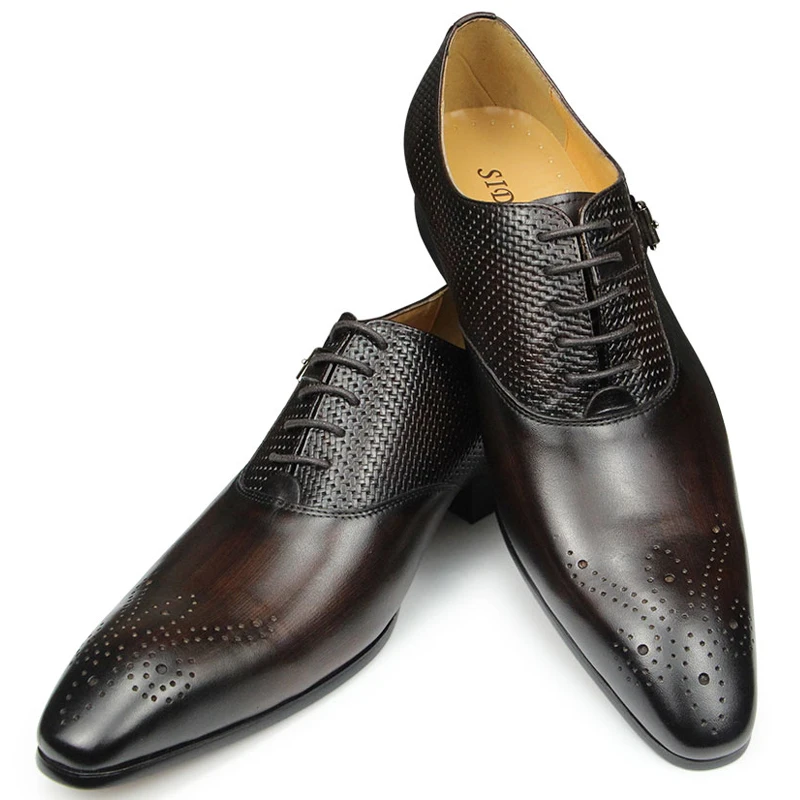 Zapatos de negocios de cuero genuino para hombre, calzado de vestir con cordones Oxfords, punta estrecha, color negro, verde, café