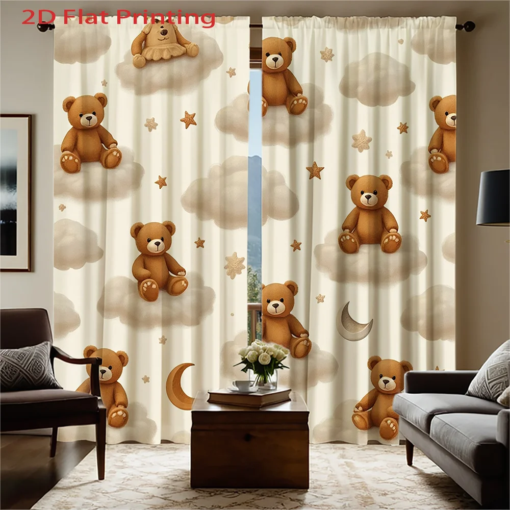 Cute Teddy Bear Curtain, Cartoon Animal Kids Blackout Curtains, Cloud Star Nursery Drapes, Sweet Bedroom Decor, 2 Panels
