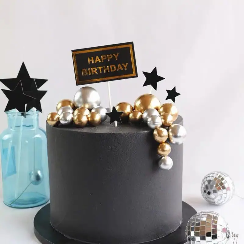 20Pcs Cake Topper Gold Silver Ball Happy Birthday Cake Topper DIY Cupcake Flag Wedding Christmas Ball Decor Birthday Decoration