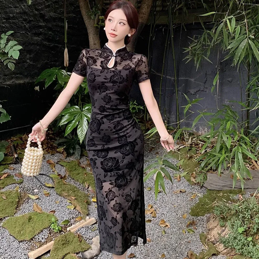 Chinese Vintage Qipao Summer Long Temperament Lace Dress Ladies Elegant Black Cheongsam Flocking Printed Beaded Dresses Female