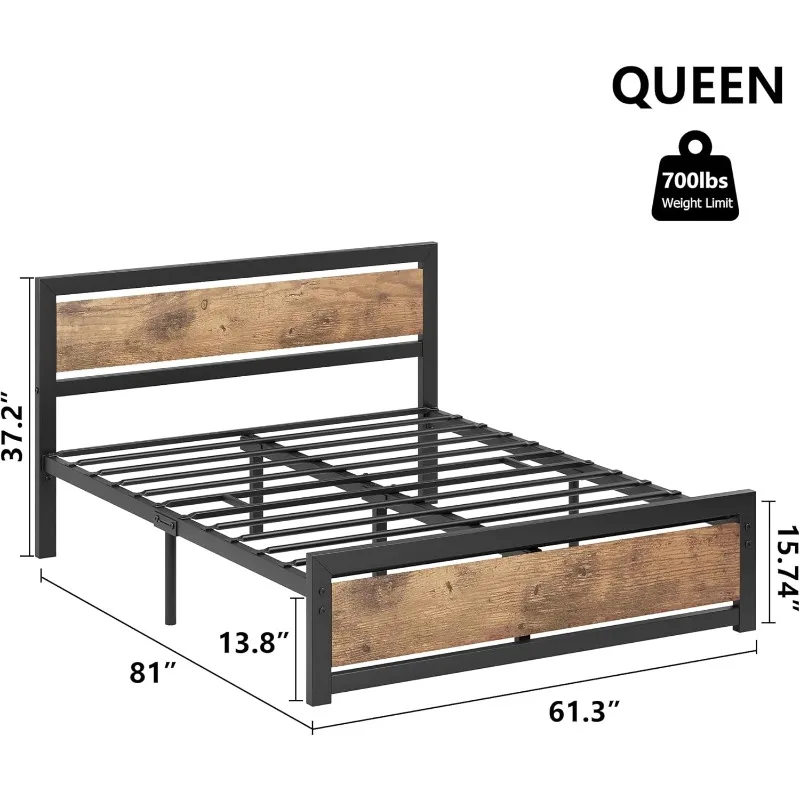 Queen Size Bed Frame Platform, Industrial Queen Bedframe with Wooden Headboard and Footboard No Box Spring Needed,