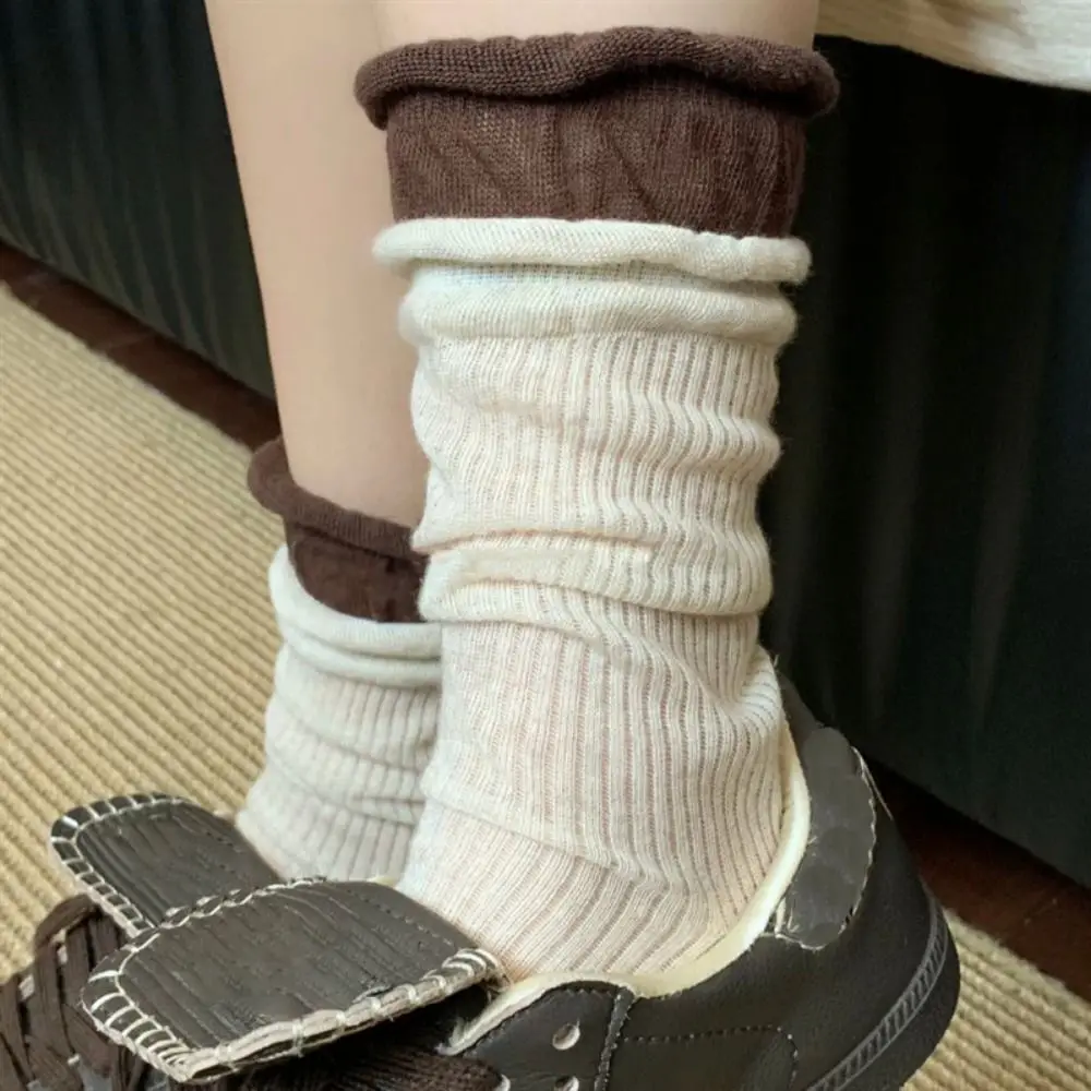 Versatile Cotton Mid-tube Socks Breathable Comfortable Double Ribbed Socks Morandi Color Long Pile Stocking