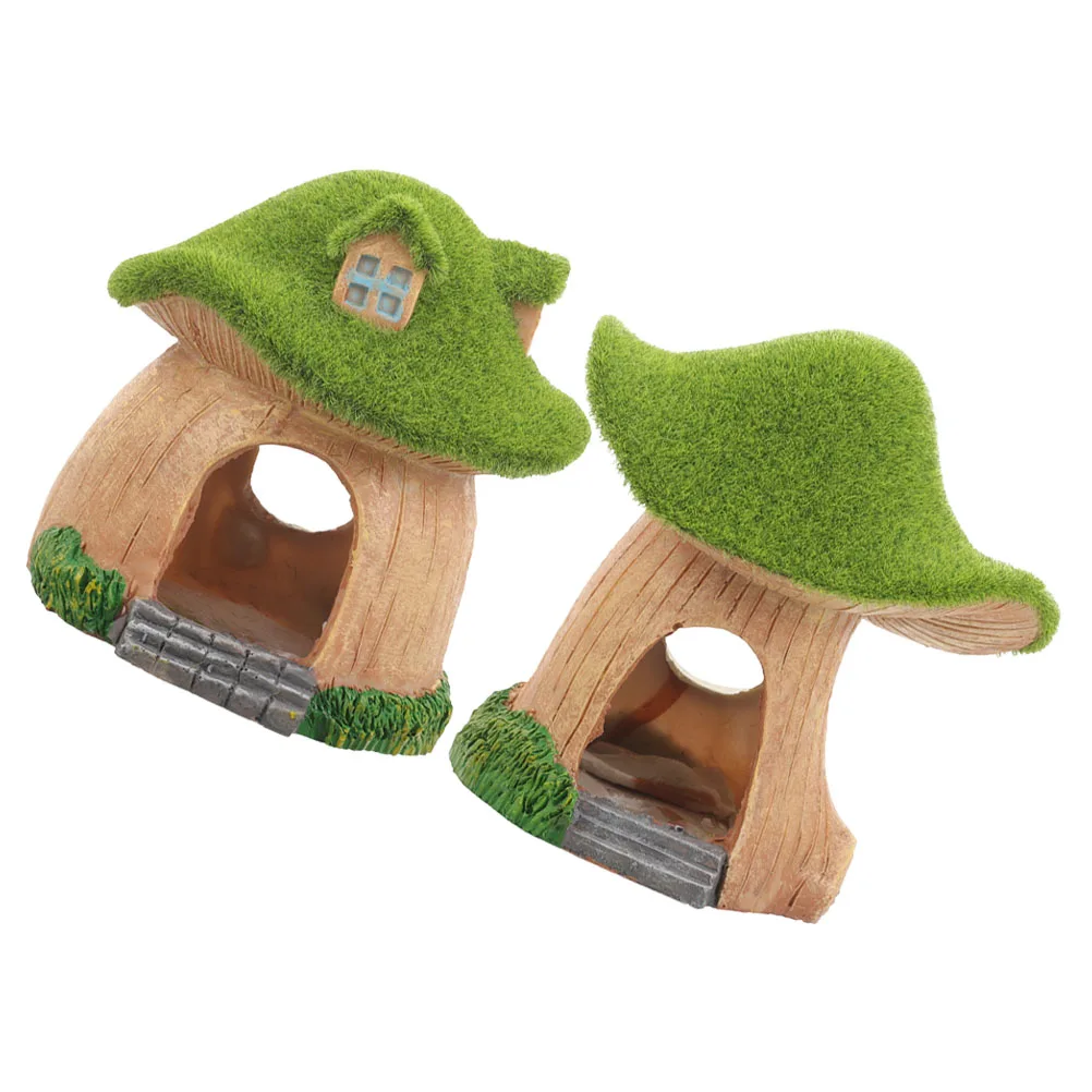 

2pcs Moss Mushroom House Aquarium Cave Hideout Shelter Fish Tank Decor Resin Craft Mini Garden Adornment Pet Supplies