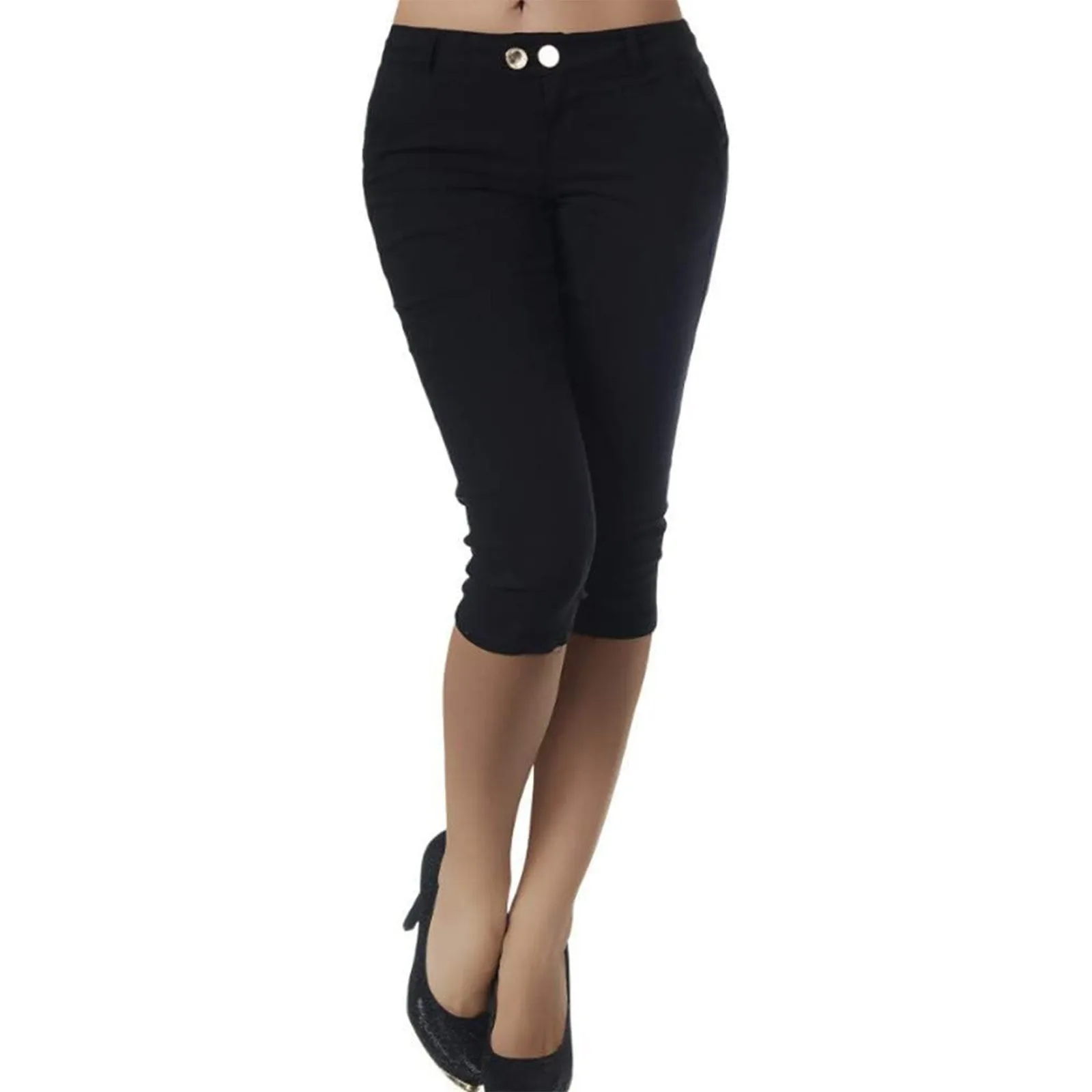 Women's Slim Fit Casual Solid Color Button Pocket Capris For Women