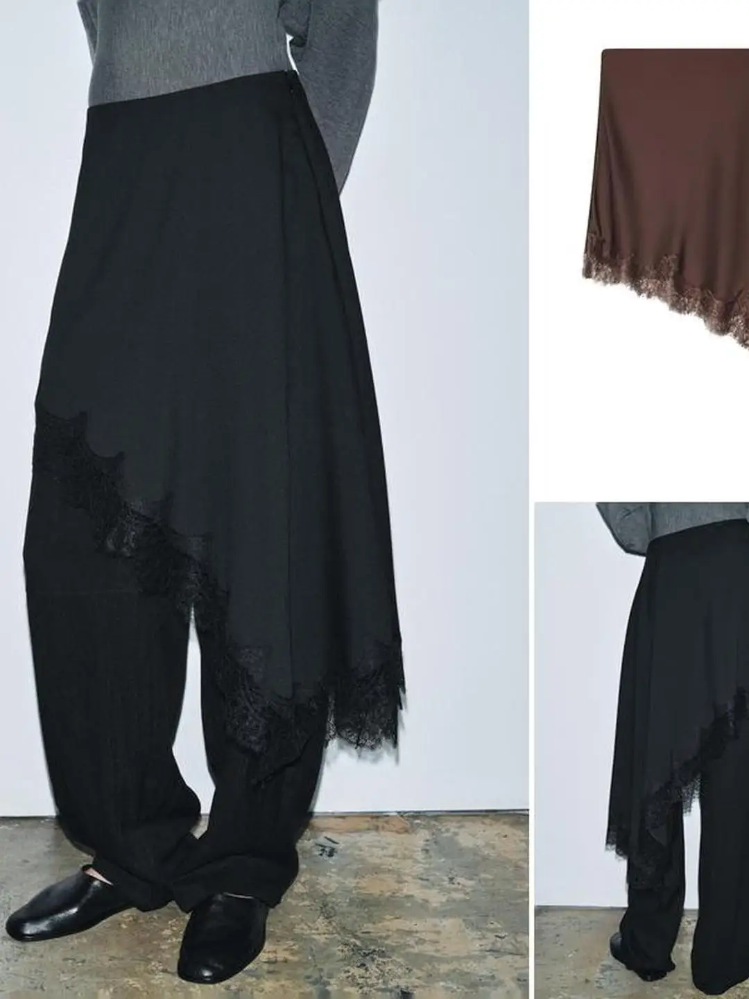 Rock mit asymmetrischem Saum, Spitzenbesatz und mittlerer Taille, Herbstkollektion, lässiger, faionfarbener A-Linien-Rock für Damen