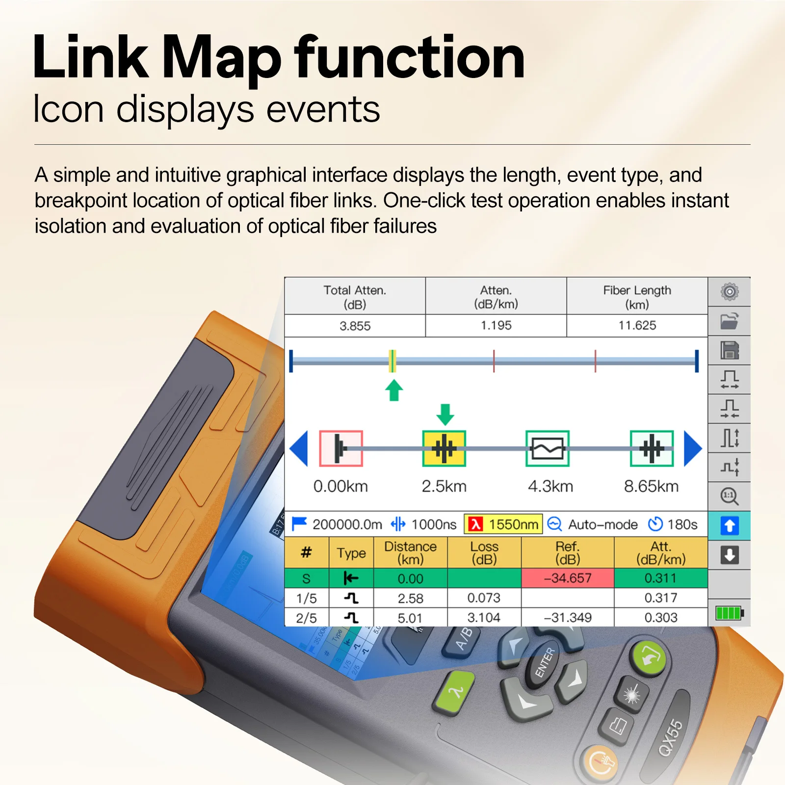 

Оптический тестер QX55 Mini OTDR SM/PON 1310/1550нм 1625нм 10мВт VFL с измерителем мощности, источником света, функцией самокалибровки и картографирования линий