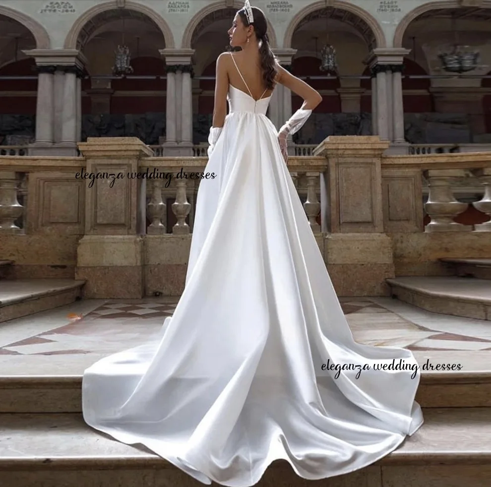 ที่กําหนดเองสายรัดไหล่ลึก V คอซิปด้านหลังซาตินงานแต่งงานชุด Robe De Mariée Vestido de novia 2025