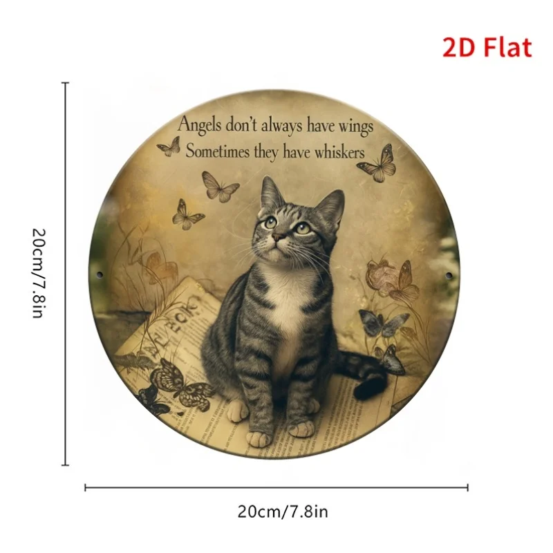 [2D Flat] 1pc Angel Cat Metal Wall Art Sign - 7.87x7.87 Inch (20x20cm) Durable Iron 2D Flat Print with Tabby Cat & Butterflies,