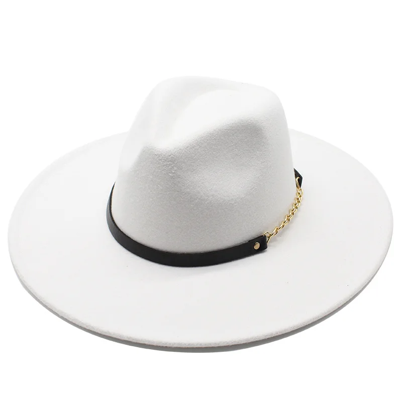 

Cross Border New Arrival Autumn And Winter Woolen 9 5cm Big Brim Jazz Top Hat Men S And Women S Peach Top Chain Hat Felt Cap