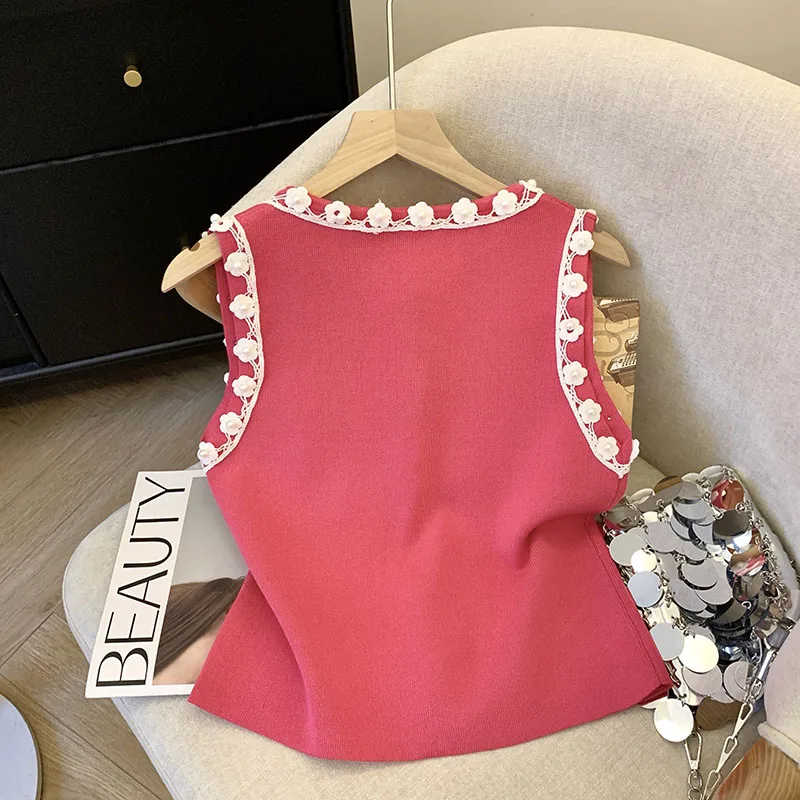 Verão elegante camisola de malha coletes feminino crochê flor sem mangas único breasted topos malhas moda chique senhoras jumpers 2025