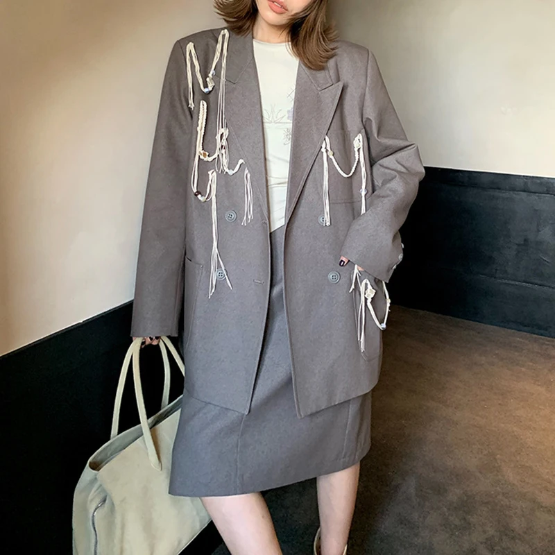 

FANAN High End Tassel Design Blazers For Women Double Breasted Long Sleeve Mid-length Fashion Tops Female 2025 Autumn New