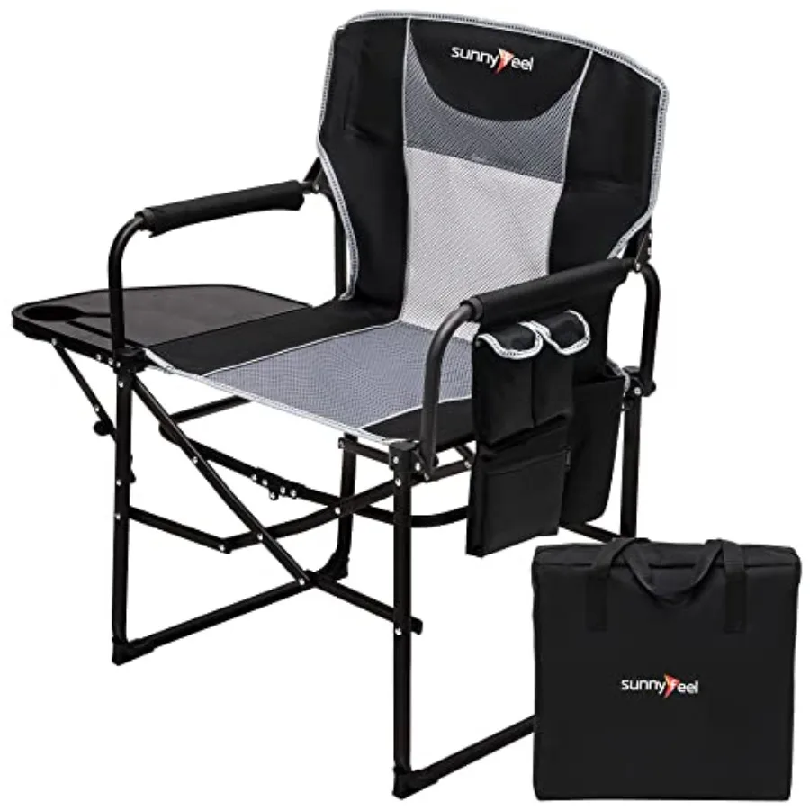 

Camping Directors Chair, Heavy Duty Steel Frame, Black, Oversized Portable Folding Chair with Side Table and Storage Pocket for