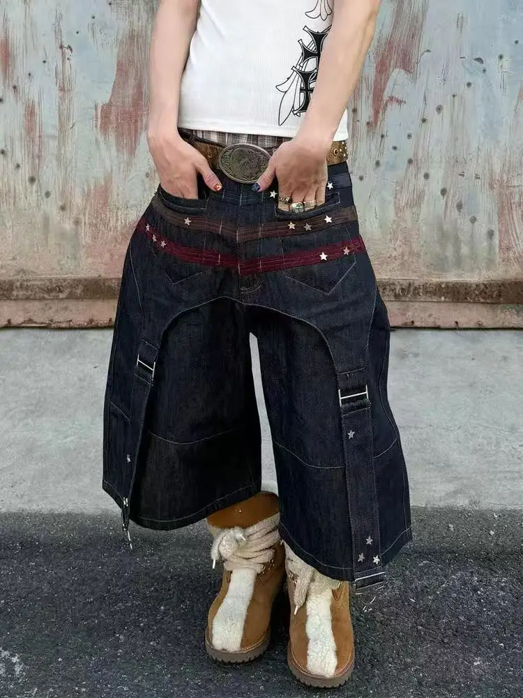 

HOUZHOU Black Graphic Print Short Jeans Women Harajuku Vintage Wide Leg Patchwork Punk Jorts American Hip Hop Baggy Streetwear