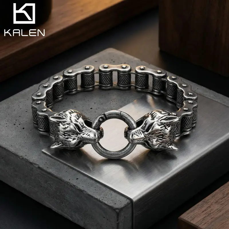 KALEN 11mm Motorcycle Chain Wolf Bracelet for Men Rock Vintage Stainless Steel Jewelry Punk Chunky Biker Charms Accessory Gifts