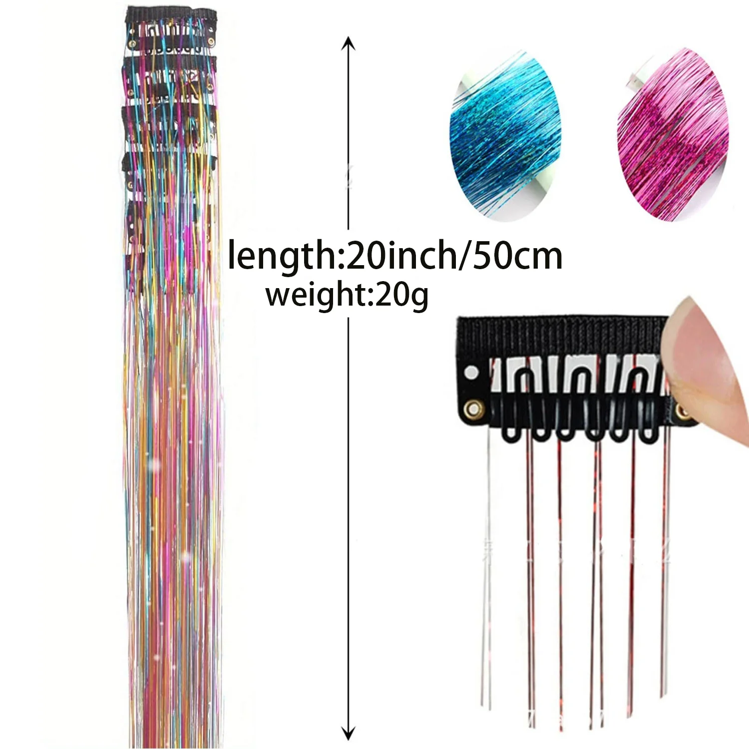 Color bright silk clip seamless hair extensions glitter gold silk dazzling laser wire color strips synthetic wigs