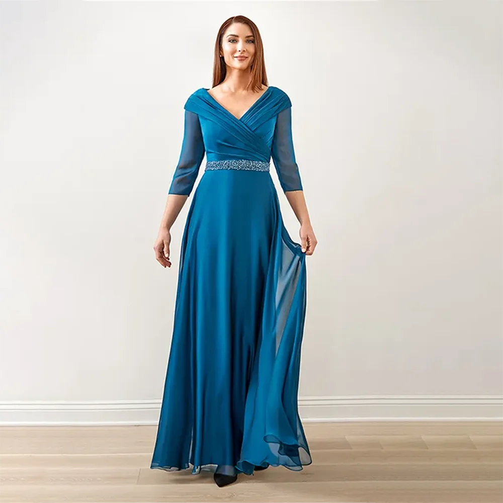 

Платье для матери невесты 2025 года, элегантное плиссированное трапециевидное платье трапециевидной формы с v-образным вырезом и половиной рукавов, свадебное вечернее платье для матери невесты